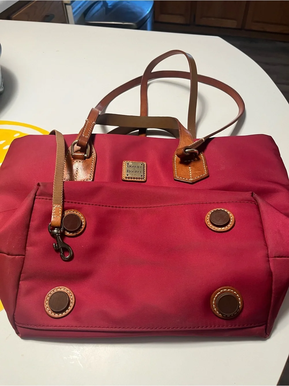 Dooney & Bourke Crimson Red Nylon Tote with Cognac Leather Trim